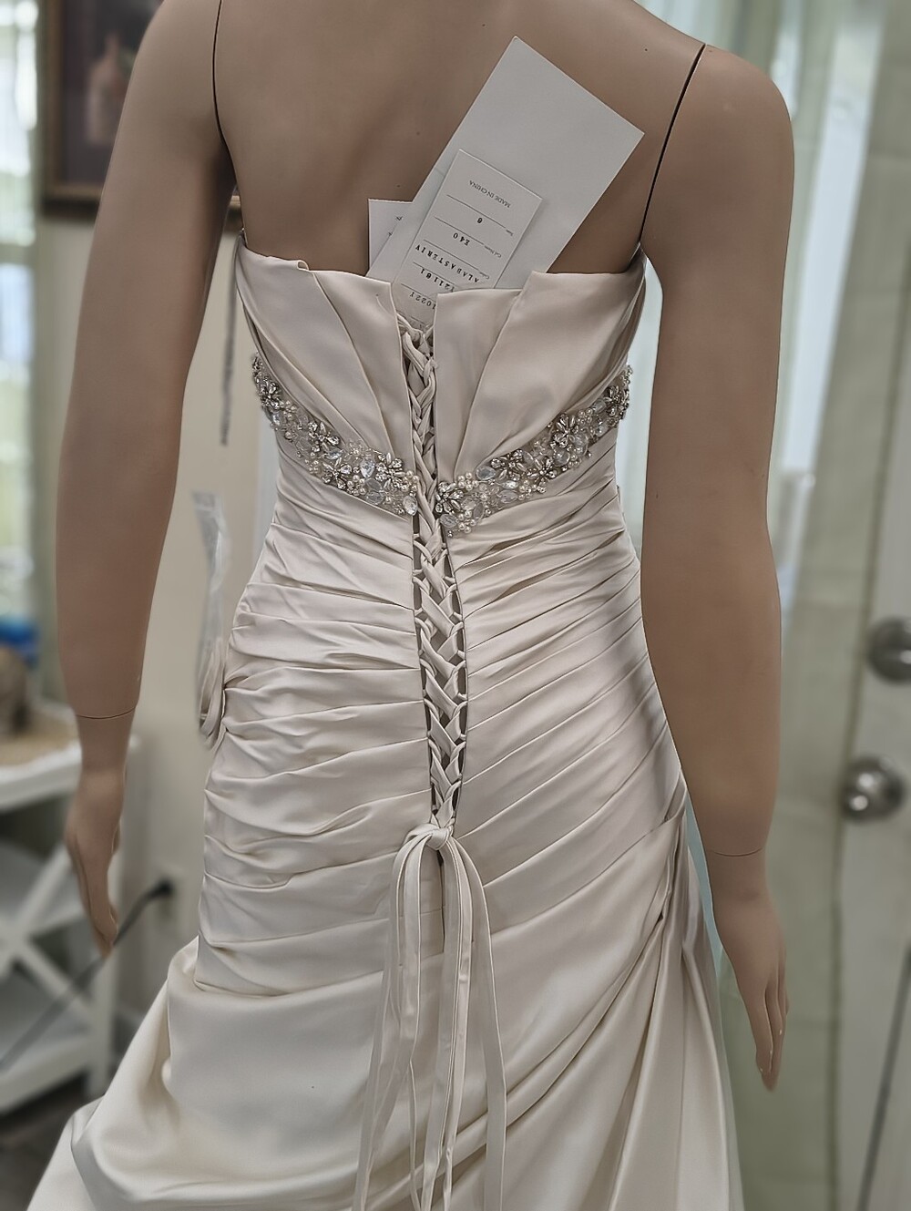 NWT Sophia Tolli Strapless Cream Satin Ruched Gown with Beaded Waist - Picture 14 of 16
